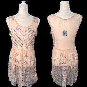 Free People Women's Peach Embellished Mesh Mini Slip Dress Sequin Party Boho M